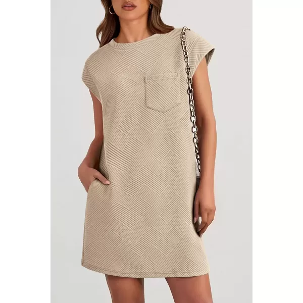 imagePRETTYGARDEN Womens Summer Short T Shirt Dress Cap Sleeve Crew Neck Casual Loose Basic Mini DressesLight Khaki
