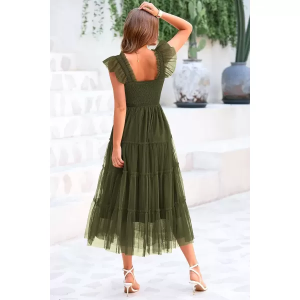 imagePRETTYGARDEN Womens 2024 Summer Midi Dress Casual Sleeveless Smocked Ruffle Tulle Flowy Beach SundressArmy Green