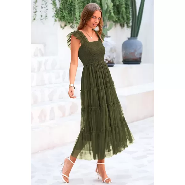 imagePRETTYGARDEN Womens 2024 Summer Midi Dress Casual Sleeveless Smocked Ruffle Tulle Flowy Beach SundressArmy Green