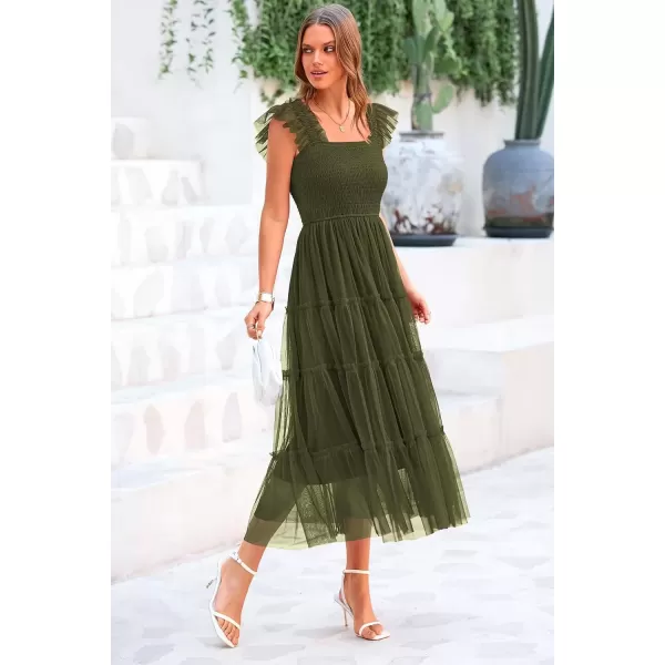 imagePRETTYGARDEN Womens 2024 Summer Midi Dress Casual Sleeveless Smocked Ruffle Tulle Flowy Beach SundressArmy Green
