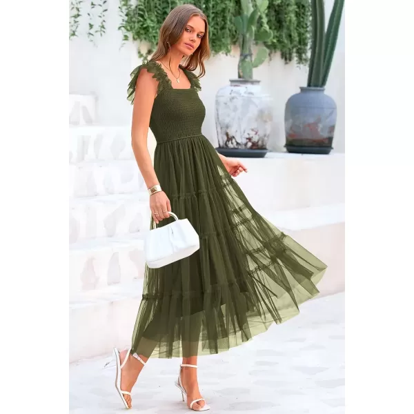 imagePRETTYGARDEN Womens 2024 Summer Midi Dress Casual Sleeveless Smocked Ruffle Tulle Flowy Beach SundressArmy Green