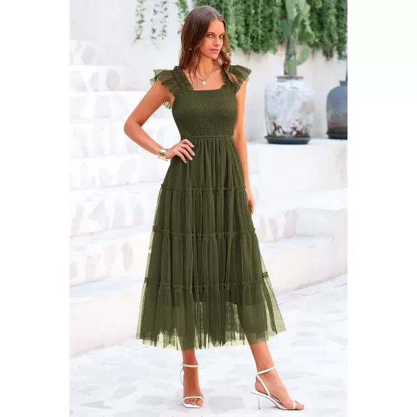 imagePRETTYGARDEN Womens 2024 Summer Midi Dress Casual Sleeveless Smocked Ruffle Tulle Flowy Beach SundressArmy Green