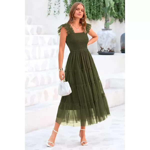 imagePRETTYGARDEN Womens 2024 Summer Midi Dress Casual Sleeveless Smocked Ruffle Tulle Flowy Beach SundressArmy Green