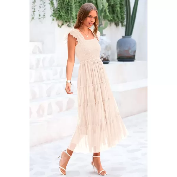 imagePRETTYGARDEN Womens 2024 Summer Midi Dress Casual Sleeveless Smocked Ruffle Tulle Flowy Beach SundressBeige