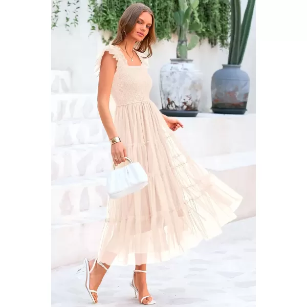 imagePRETTYGARDEN Womens 2024 Summer Midi Dress Casual Sleeveless Smocked Ruffle Tulle Flowy Beach SundressBeige