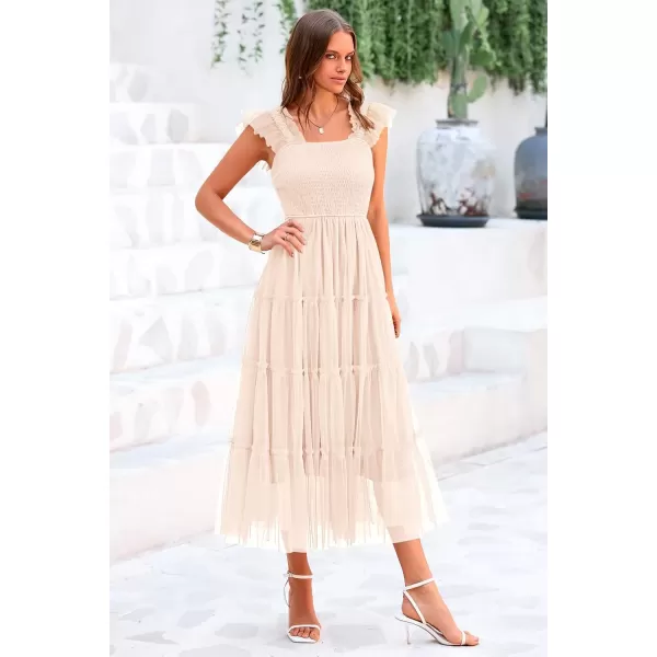 imagePRETTYGARDEN Womens 2024 Summer Midi Dress Casual Sleeveless Smocked Ruffle Tulle Flowy Beach SundressBeige