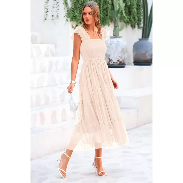 imagePRETTYGARDEN Womens 2024 Summer Midi Dress Casual Sleeveless Smocked Ruffle Tulle Flowy Beach SundressBeige