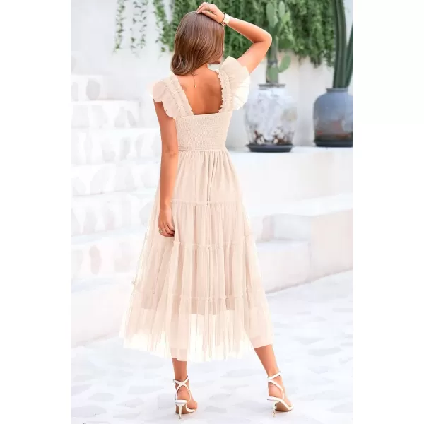 imagePRETTYGARDEN Womens 2024 Summer Midi Dress Casual Sleeveless Smocked Ruffle Tulle Flowy Beach SundressBeige