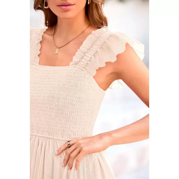 imagePRETTYGARDEN Womens 2024 Summer Midi Dress Casual Sleeveless Smocked Ruffle Tulle Flowy Beach SundressBeige