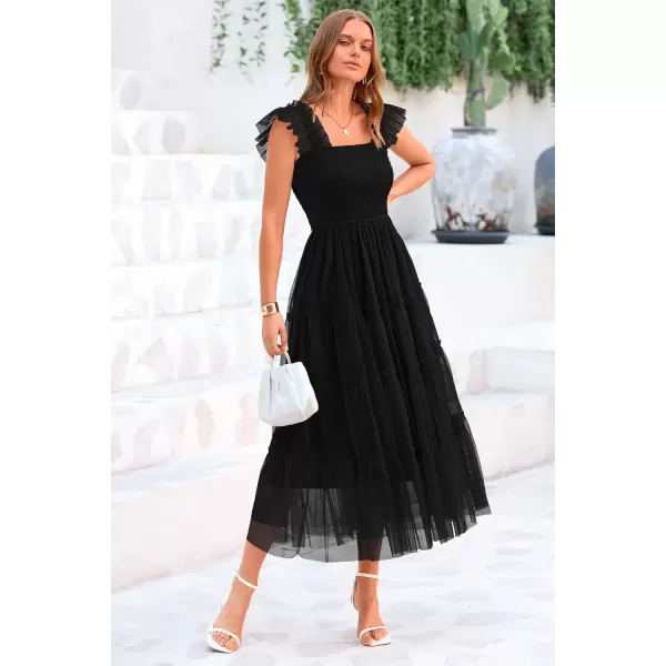 imagePRETTYGARDEN Womens 2024 Summer Midi Dress Casual Sleeveless Smocked Ruffle Tulle Flowy Beach SundressBlack