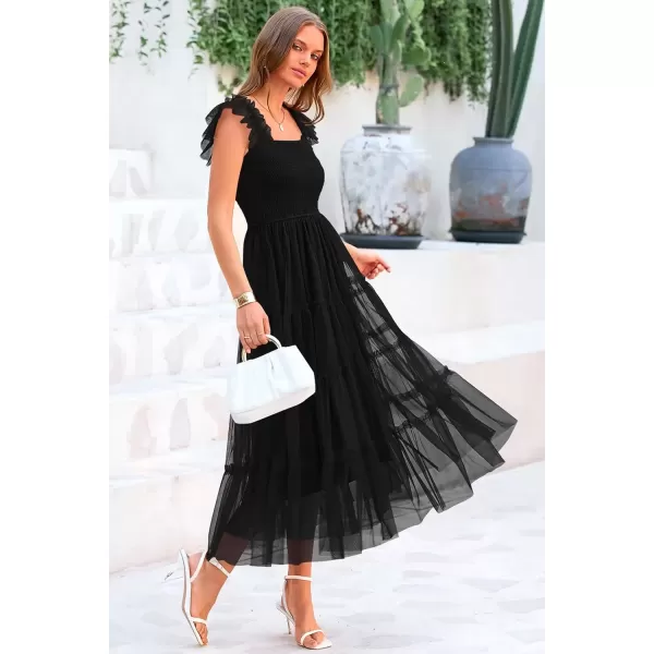 imagePRETTYGARDEN Womens 2024 Summer Midi Dress Casual Sleeveless Smocked Ruffle Tulle Flowy Beach SundressBlack