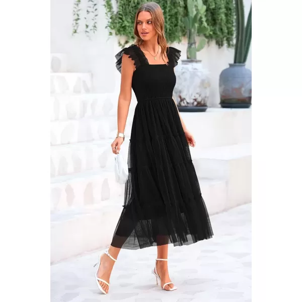 imagePRETTYGARDEN Womens 2024 Summer Midi Dress Casual Sleeveless Smocked Ruffle Tulle Flowy Beach SundressBlack