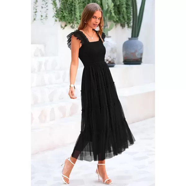 imagePRETTYGARDEN Womens 2024 Summer Midi Dress Casual Sleeveless Smocked Ruffle Tulle Flowy Beach SundressBlack