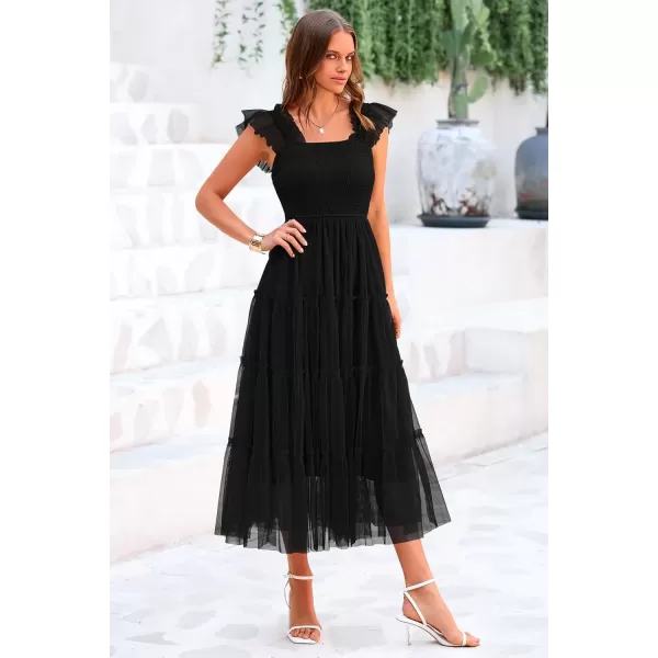 imagePRETTYGARDEN Womens 2024 Summer Midi Dress Casual Sleeveless Smocked Ruffle Tulle Flowy Beach SundressBlack