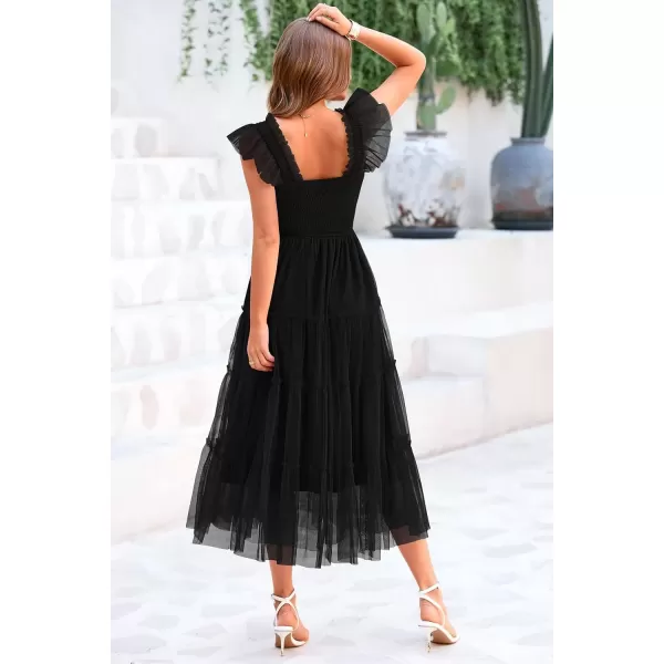 imagePRETTYGARDEN Womens 2024 Summer Midi Dress Casual Sleeveless Smocked Ruffle Tulle Flowy Beach SundressBlack
