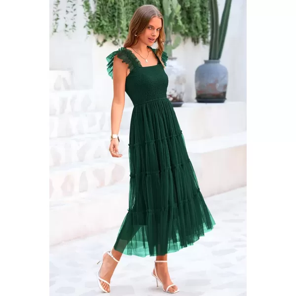 imagePRETTYGARDEN Womens 2024 Summer Midi Dress Casual Sleeveless Smocked Ruffle Tulle Flowy Beach SundressDark Green