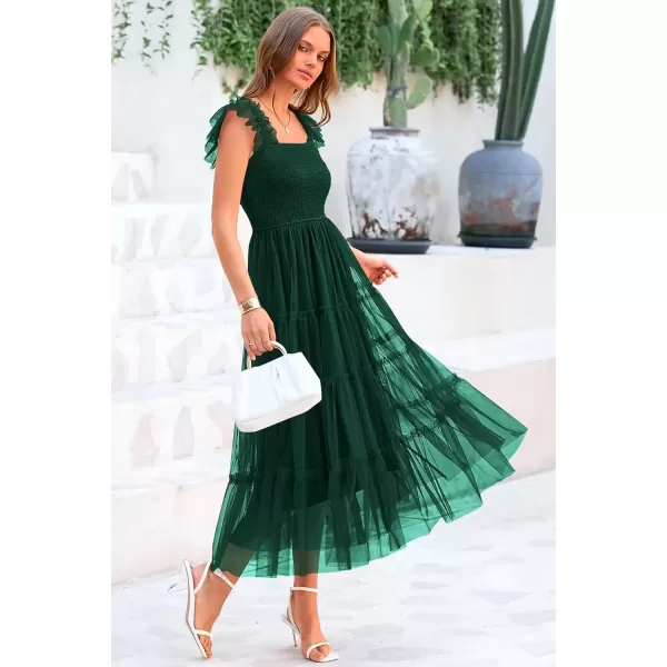 imagePRETTYGARDEN Womens 2024 Summer Midi Dress Casual Sleeveless Smocked Ruffle Tulle Flowy Beach SundressDark Green