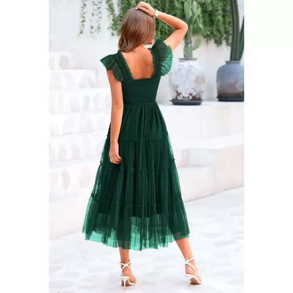 imagePRETTYGARDEN Womens 2024 Summer Midi Dress Casual Sleeveless Smocked Ruffle Tulle Flowy Beach SundressDark Green