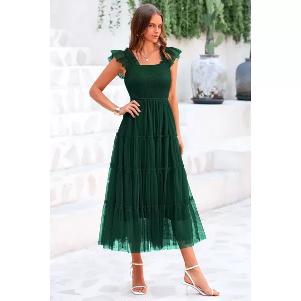 imagePRETTYGARDEN Womens 2024 Summer Midi Dress Casual Sleeveless Smocked Ruffle Tulle Flowy Beach SundressDark Green