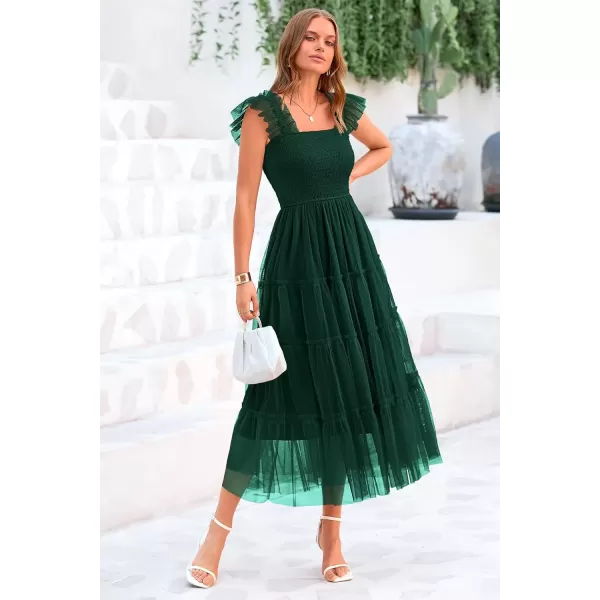 imagePRETTYGARDEN Womens 2024 Summer Midi Dress Casual Sleeveless Smocked Ruffle Tulle Flowy Beach SundressDark Green