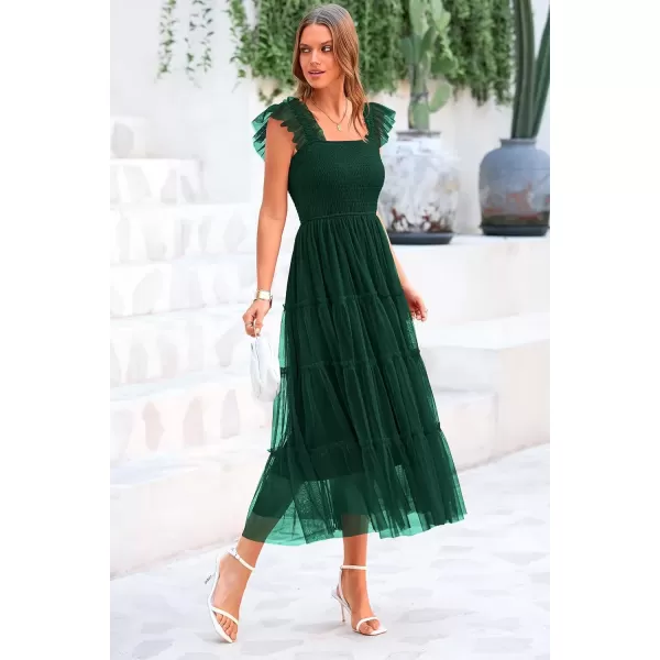 imagePRETTYGARDEN Womens 2024 Summer Midi Dress Casual Sleeveless Smocked Ruffle Tulle Flowy Beach SundressDark Green
