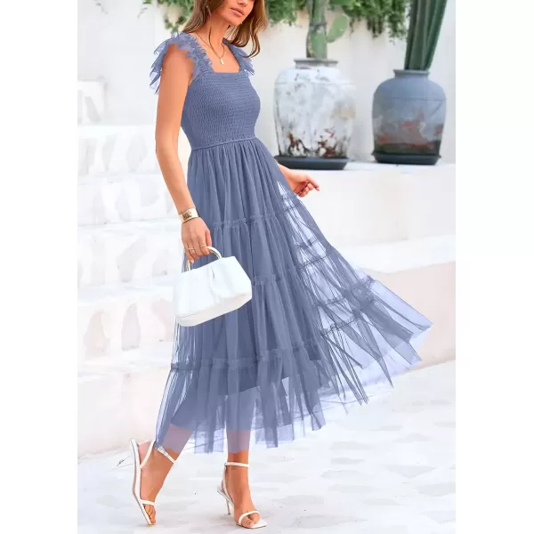 imagePRETTYGARDEN Womens 2024 Summer Midi Dress Casual Sleeveless Smocked Ruffle Tulle Flowy Beach SundressGrey Blue