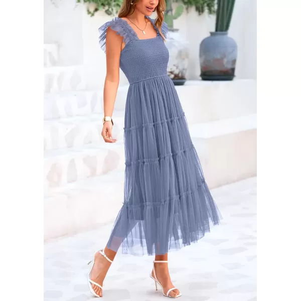 imagePRETTYGARDEN Womens 2024 Summer Midi Dress Casual Sleeveless Smocked Ruffle Tulle Flowy Beach SundressGrey Blue