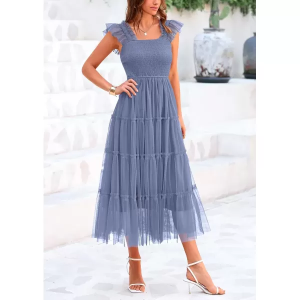 imagePRETTYGARDEN Womens 2024 Summer Midi Dress Casual Sleeveless Smocked Ruffle Tulle Flowy Beach SundressGrey Blue