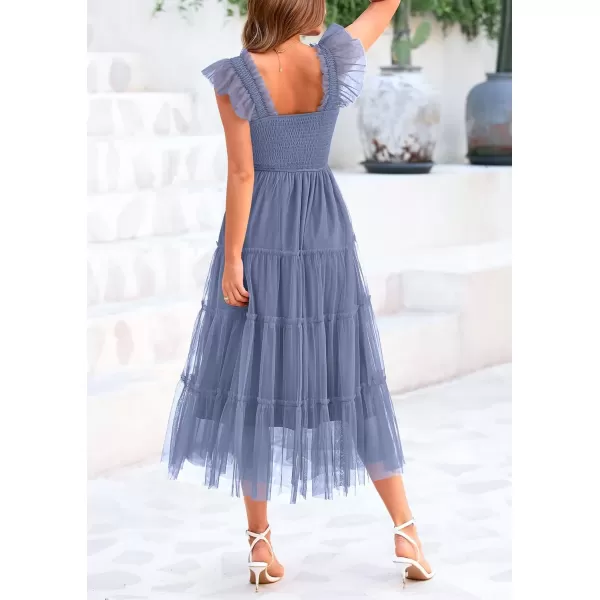 imagePRETTYGARDEN Womens 2024 Summer Midi Dress Casual Sleeveless Smocked Ruffle Tulle Flowy Beach SundressGrey Blue