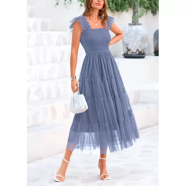 imagePRETTYGARDEN Womens 2024 Summer Midi Dress Casual Sleeveless Smocked Ruffle Tulle Flowy Beach SundressGrey Blue