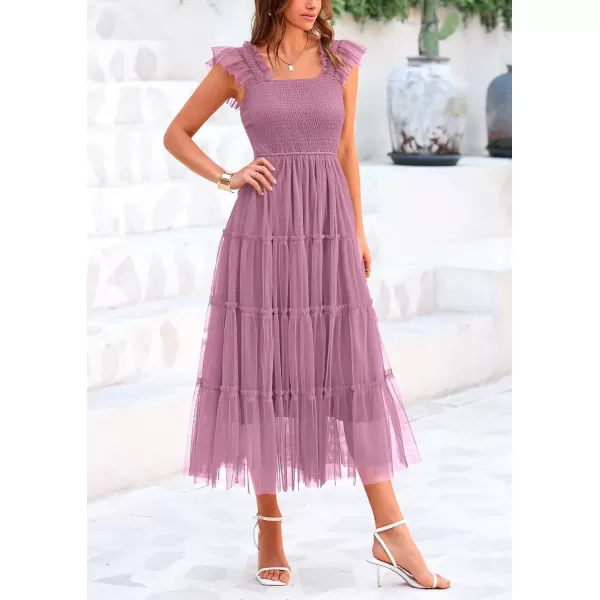imagePRETTYGARDEN Womens 2024 Summer Midi Dress Casual Sleeveless Smocked Ruffle Tulle Flowy Beach SundressGrey Purple