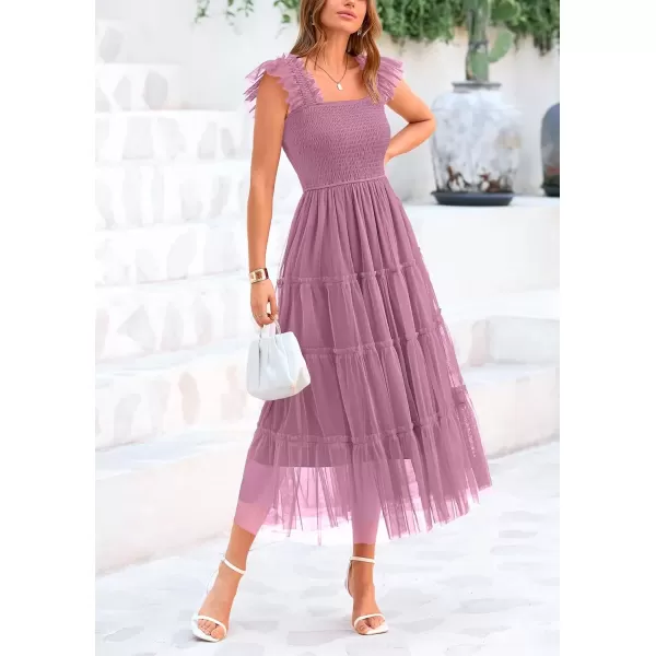 imagePRETTYGARDEN Womens 2024 Summer Midi Dress Casual Sleeveless Smocked Ruffle Tulle Flowy Beach SundressGrey Purple