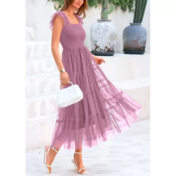 imagePRETTYGARDEN Womens 2024 Summer Midi Dress Casual Sleeveless Smocked Ruffle Tulle Flowy Beach SundressGrey Purple