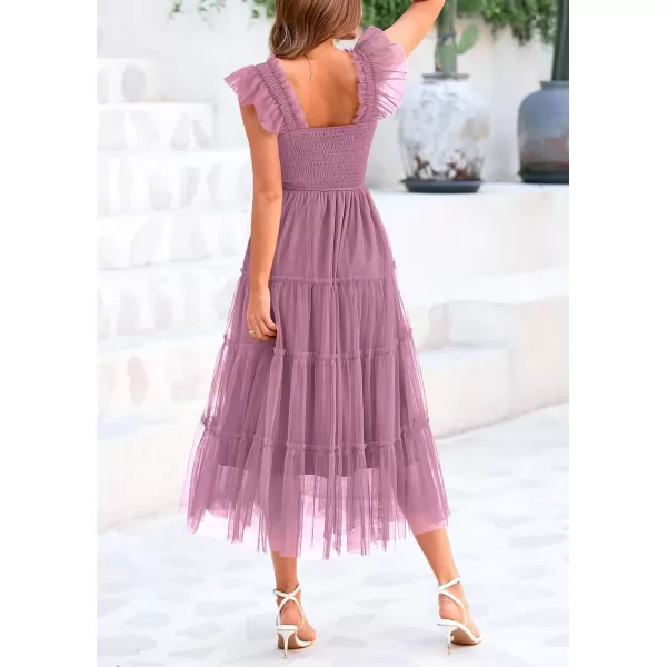 imagePRETTYGARDEN Womens 2024 Summer Midi Dress Casual Sleeveless Smocked Ruffle Tulle Flowy Beach SundressGrey Purple