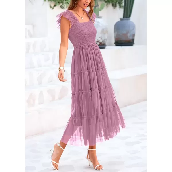 imagePRETTYGARDEN Womens 2024 Summer Midi Dress Casual Sleeveless Smocked Ruffle Tulle Flowy Beach SundressGrey Purple