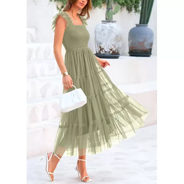 imagePRETTYGARDEN Womens 2024 Summer Midi Dress Casual Sleeveless Smocked Ruffle Tulle Flowy Beach SundressLight Green