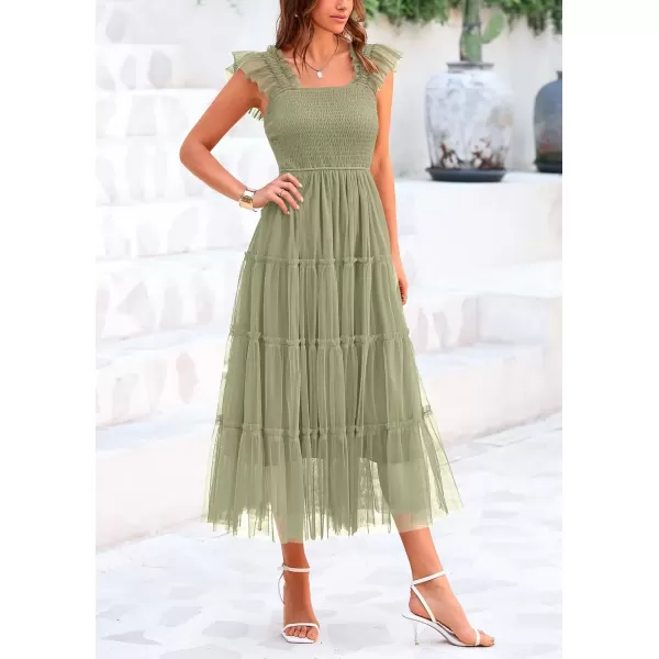 imagePRETTYGARDEN Womens 2024 Summer Midi Dress Casual Sleeveless Smocked Ruffle Tulle Flowy Beach SundressLight Green