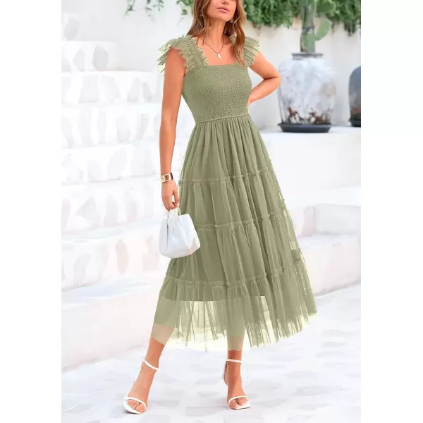 imagePRETTYGARDEN Womens 2024 Summer Midi Dress Casual Sleeveless Smocked Ruffle Tulle Flowy Beach SundressLight Green