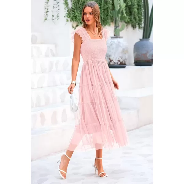 imagePRETTYGARDEN Womens 2024 Summer Midi Dress Casual Sleeveless Smocked Ruffle Tulle Flowy Beach SundressLight Pink