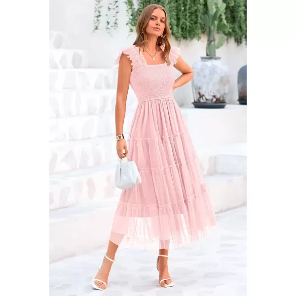 imagePRETTYGARDEN Womens 2024 Summer Midi Dress Casual Sleeveless Smocked Ruffle Tulle Flowy Beach SundressLight Pink