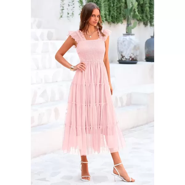 imagePRETTYGARDEN Womens 2024 Summer Midi Dress Casual Sleeveless Smocked Ruffle Tulle Flowy Beach SundressLight Pink