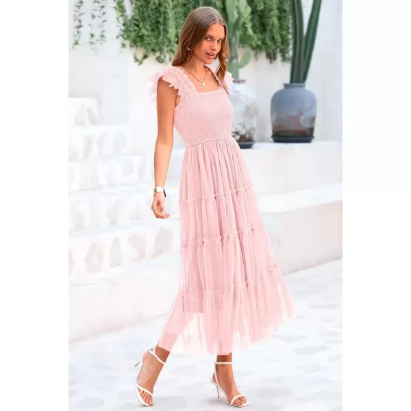 imagePRETTYGARDEN Womens 2024 Summer Midi Dress Casual Sleeveless Smocked Ruffle Tulle Flowy Beach SundressLight Pink