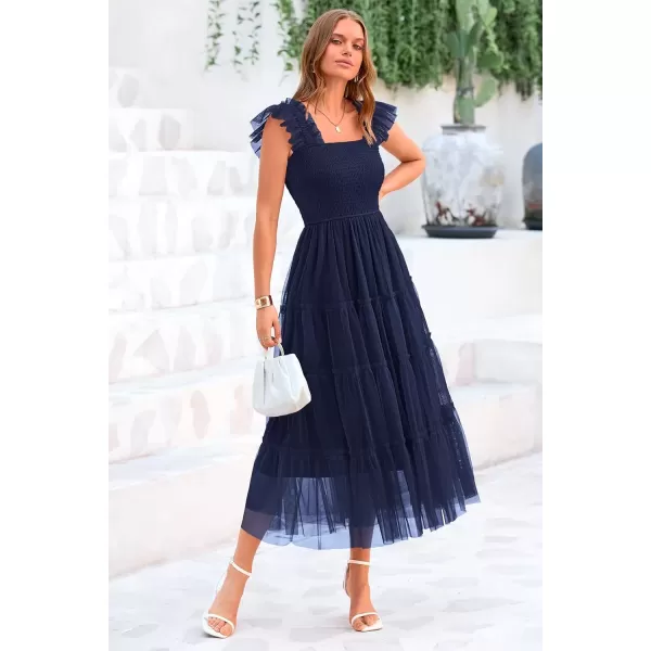 imagePRETTYGARDEN Womens 2024 Summer Midi Dress Casual Sleeveless Smocked Ruffle Tulle Flowy Beach SundressNavy