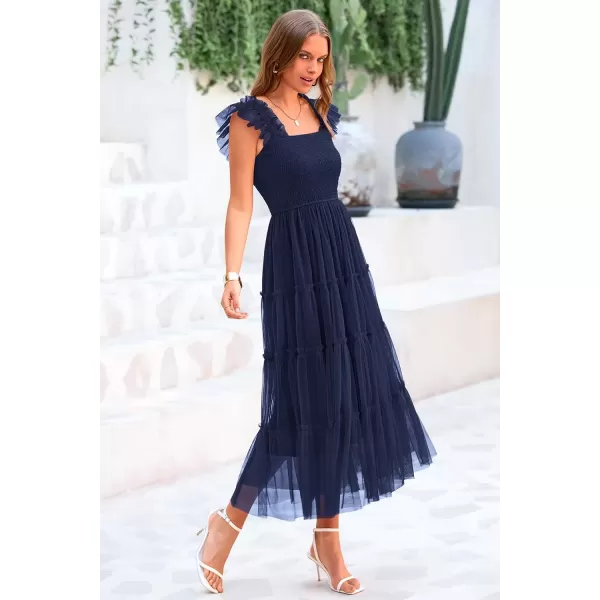 imagePRETTYGARDEN Womens 2024 Summer Midi Dress Casual Sleeveless Smocked Ruffle Tulle Flowy Beach SundressNavy