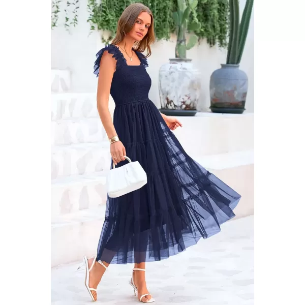 imagePRETTYGARDEN Womens 2024 Summer Midi Dress Casual Sleeveless Smocked Ruffle Tulle Flowy Beach SundressNavy
