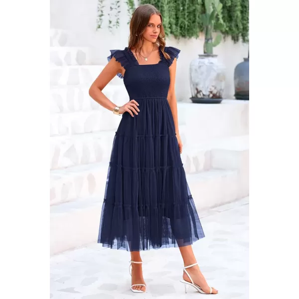 imagePRETTYGARDEN Womens 2024 Summer Midi Dress Casual Sleeveless Smocked Ruffle Tulle Flowy Beach SundressNavy