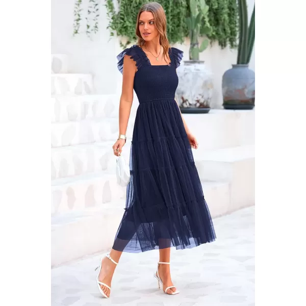 imagePRETTYGARDEN Womens 2024 Summer Midi Dress Casual Sleeveless Smocked Ruffle Tulle Flowy Beach SundressNavy