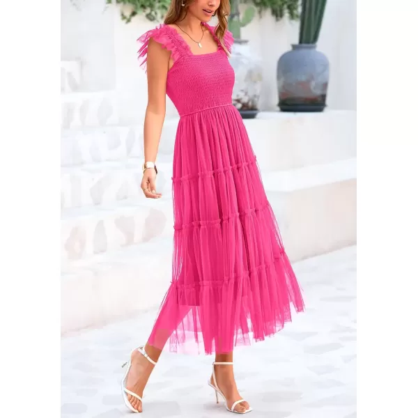 imagePRETTYGARDEN Womens 2024 Summer Midi Dress Casual Sleeveless Smocked Ruffle Tulle Flowy Beach SundressRose Red