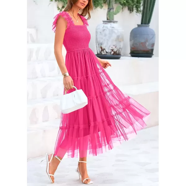 imagePRETTYGARDEN Womens 2024 Summer Midi Dress Casual Sleeveless Smocked Ruffle Tulle Flowy Beach SundressRose Red