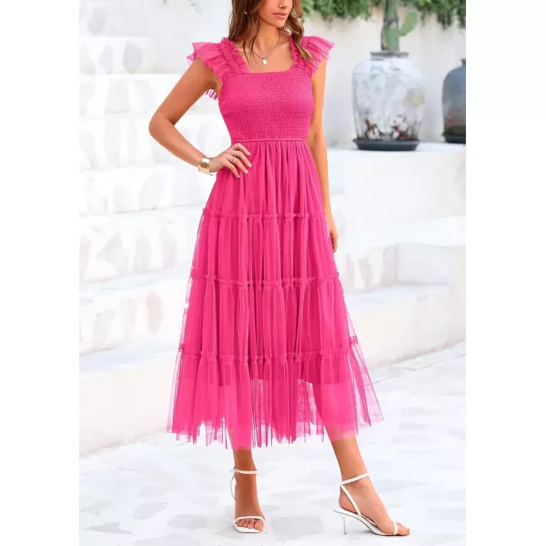 imagePRETTYGARDEN Womens 2024 Summer Midi Dress Casual Sleeveless Smocked Ruffle Tulle Flowy Beach SundressRose Red